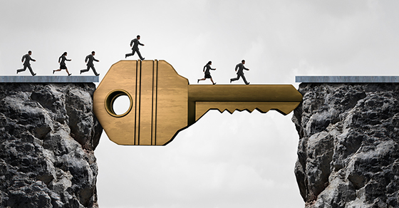 Success key concept as a group of people running across two cliffs with a giant golden brass security object acting as a bridge to reach opportunity with 3D illustration elements.